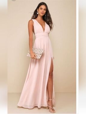 Lulu's Heavenly Hues Blush Pink V-Neck Maxi Dress Gown with High Slit Size XS